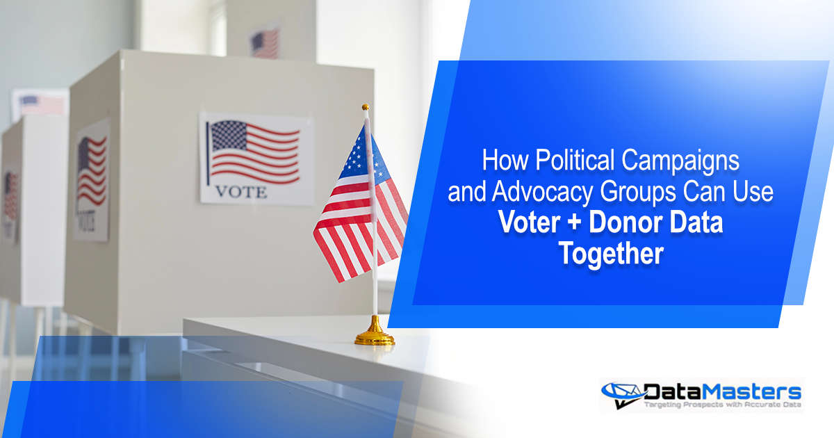 Voting booths with American flags and text about combining voter and donor data for campaigns.